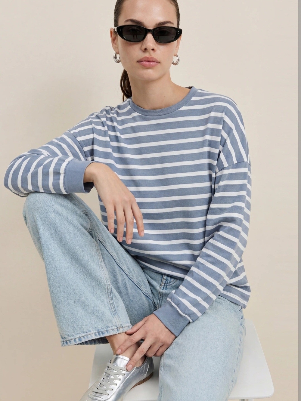 Few Moda Women's Blue and White Striped Long-Sleeve Crewneck Top